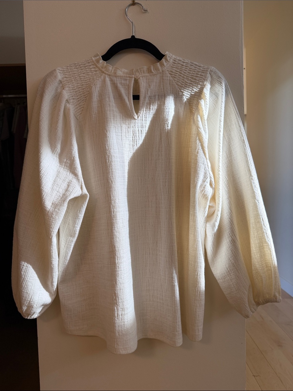 Anthropologie Cream Smocked Yoke Ruffle Neck Blouse - Picture 3 of 3